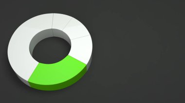 Siyah arka plan üzerine bir yeşil bölge ile beyaz halka pasta grafiği. Infographic mockup. 3D render illüstrasyon