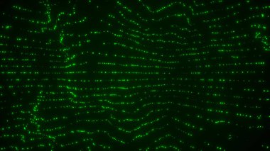 Soyut Yeşil parçacıklar arka plan. Dijital manzara. Parçacık akışı. Büyük veri görselleştirme. 3D render illüstrasyon