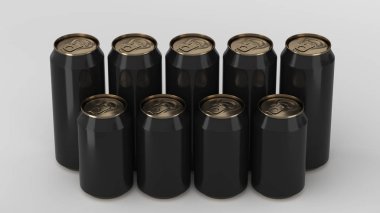 Büyük ve küçük siyah soda ayakta beyaz arka plan üzerinde iki raws kutular. İçecek mockup. Bira veya içecek teneke paketi. 3D render illüstrasyon