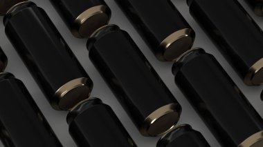 Beyaz arka plan üzerinde siyah soda Raws kutular. İçecek mockup. Bira veya içecek teneke paketi. 3D render illüstrasyon