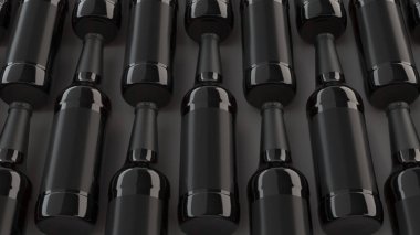 Uzun kahverengi bira şişeleri ile beyaz zemin üzerine boş siyah etiket 0,5 l satırlarının. Tasarım veya marka şablonu. 3D render illüstrasyon