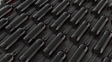 Uzun kahverengi bira şişeleri ile beyaz zemin üzerine boş siyah etiket 0,5 l satırlarının. Tasarım veya marka şablonu. 3D render illüstrasyon