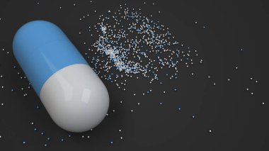 Siyah arka plan üzerinde renkli ilaç kapsül. Tıbbi ya da eczane konsepti. 3D render illüstrasyon