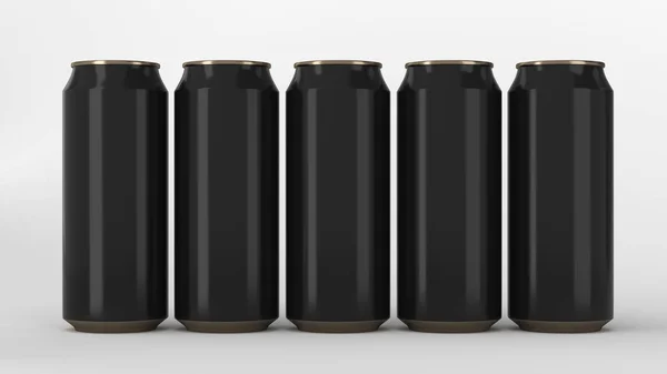 Grote Kleine Zwarte Soda Blikjes Staande Twee Raws Witte Achtergrond — Stockfoto