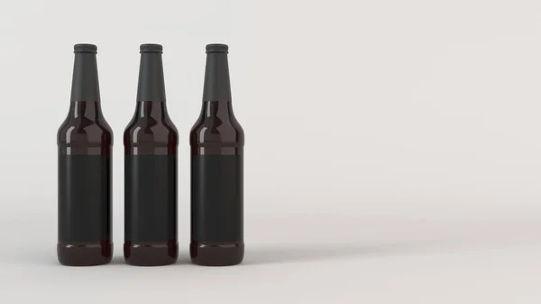 Mock Três Garrafas Cerveja Marrom Alto Com Rótulos Pretos Branco — Fotografia de Stock