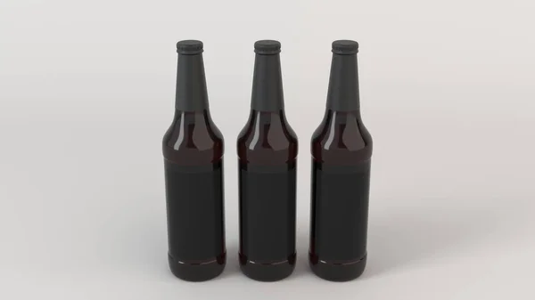 Burla Tres Botellas Cerveza Marrón Alta Con Etiquetas Negras Blanco — Foto de Stock