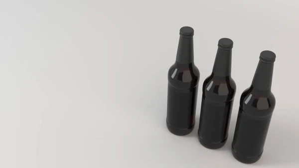 Håna Upp Tre Höga Bruna Ölflaskor Med Blank Svart Etiketter — Stockfoto