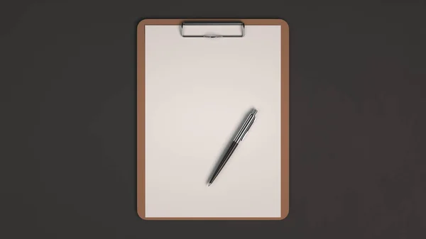 Wooden Clipboard White Paper Automatic Ballpoint Pen Isolated Black Background — Stock Photo, Image