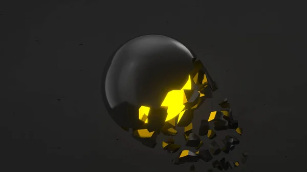 Sphère Noire Fracturée Avec Lueur Jaune Intérieur Morceaux Tombants Sur — Photo