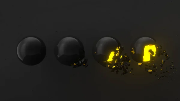 Fractured Black Sphere Yellow Glow Falling Pieces Black Background Concept — Stock Photo, Image