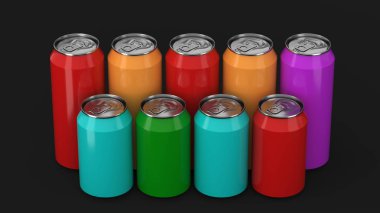 Büyük ve küçük renkli soda siyah arka plan üzerine iki raws ayakta kutular. İçecek mockup. Bira veya içecek teneke paketi. 3D render illüstrasyon