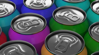 Siyah arka plan üzerine büyük renkli soda kutular. İçecek mockup. Bira veya içecek teneke paketi. 3D render illüstrasyon