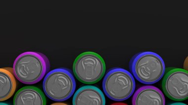 Siyah arka plan üzerine büyük renkli soda kutular. İçecek mockup. Bira veya içecek teneke paketi. 3D render illüstrasyon