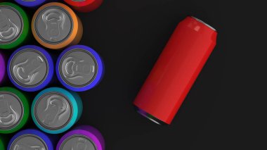 Siyah arka plan üzerine büyük renkli soda kutular. İçecek mockup. Bira veya içecek teneke paketi. 3D render illüstrasyon