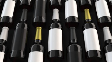 Uzun kahverengi bira şişeleri ile siyah arka plan üzerine boş siyah beyaz etiket 0,5 l satırlarının. Tasarım veya marka şablonu. 3D render illüstrasyon