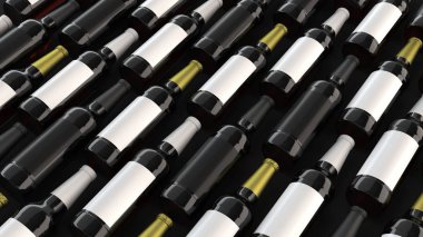 Uzun kahverengi bira şişeleri ile siyah arka plan üzerine boş siyah beyaz etiket 0,5 l satırlarının. Tasarım veya marka şablonu. 3D render illüstrasyon