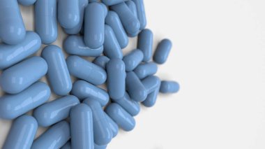 Beyaz zemin üzerine mavi tıp kapsül yığını. Tıp, sağlık veya eczane konsepti. 3D render illüstrasyon