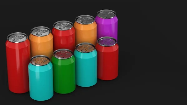 Big Small Colorful Soda Cans Standing Two Raws Black Background — Stock Photo, Image