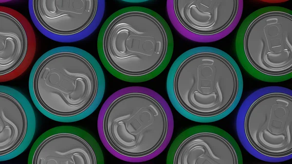 Grote Kleurrijke Soda Blikjes Zwarte Achtergrond Drank Mockup Tin Pakket — Stockfoto