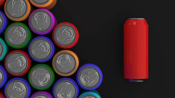 Big colorful soda cans on black background. Beverage mockup. Tin package of beer or drink. 3D rendering illustration