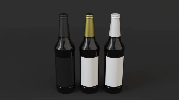 Maquette Trois Grandes Bouteilles Bière Brune Avec Des Étiquettes Blanches — Photo