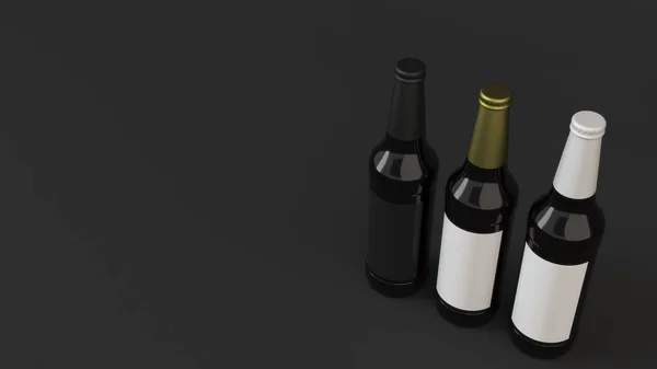 Mock Tres Botellas Cerveza Marrón Alta Con Etiquetas Blanco Negro — Foto de Stock