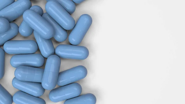 在白色背景的一堆蓝色药物胶囊 医疗或药学概念 渲染插图 — 图库照片