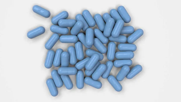 在白色背景的一堆蓝色药物胶囊 医疗或药学概念 渲染插图 — 图库照片