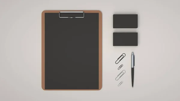 Clipboard with black sheet of paper, business cards, paper clips and automatic ballpoint pen on white background. Branding mockup. 3D rendering illustration.