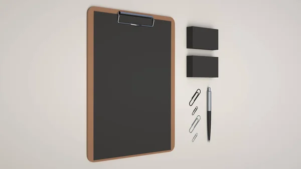 Klembord Met Zwart Vel Papier Visitekaartjes Paperclips Automatische Balpen Witte — Stockfoto