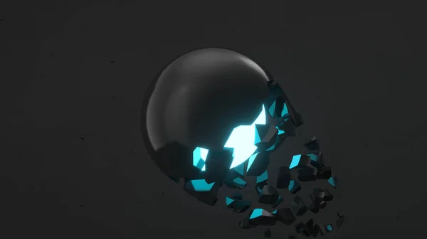 破裂的黑色球体 内部有蓝色光晕 黑色背景下落下的碎片 破坏的概念 抽象3D 渲染插图 — 图库照片
