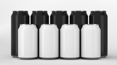 Büyük ve küçük siyah beyaz gazoz ayakta beyaz arka plan üzerinde iki raws kutular. İçecek mockup. Bira veya içecek teneke paketi. 3D render illüstrasyon