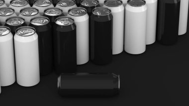 Büyük siyah ve beyaz gazoz kutu siyah arka plan üzerine. İçecek mockup. Bira veya içecek teneke paketi. 3D render illüstrasyon