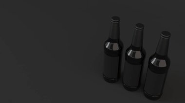 Kadar üç uzun kahverengi bira şişe 0,5 l siyah arka plan üzerine boş siyah etiketlerle ilgili alay et. Tasarım veya marka şablonu. 3D render illüstrasyon