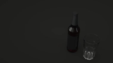 Uzun kahverengi bira şişe boş siyah etikel ve siyah arka plan üzerine boş bir bardak 0,5 l kadar alay. Tasarım veya marka şablonu. 3D render illüstrasyon