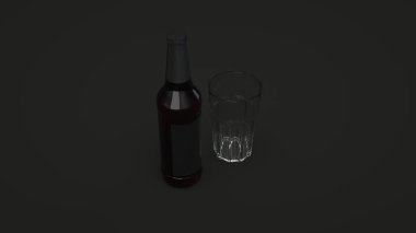 Uzun kahverengi bira şişe boş siyah etikel ve siyah arka plan üzerine boş bir bardak 0,5 l kadar alay. Tasarım veya marka şablonu. 3D render illüstrasyon