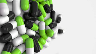 Beyaz arka planda siyah, beyaz ve yeşil ilaç kapsül yığını. Tıp, sağlık veya eczane konsepti. 3D render illüstrasyon