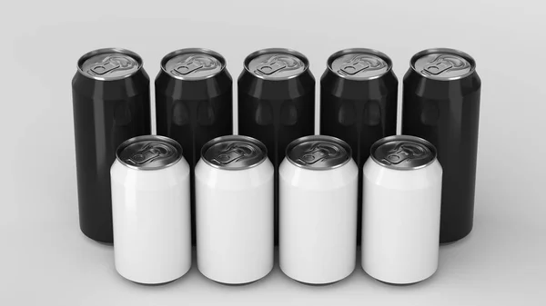 Big Small Black White Soda Cans Standing Two Raws White — Stock Photo, Image