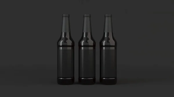 Изображение Трех Высоких Коричневых Бутылок Пива Чистыми Черными Этикетками Черном — стоковое фото