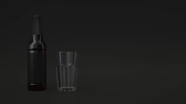 Макет Высокой Коричневой Бутылки Пива Чистым Черным Lable Пустой Стакан — стоковое фото
