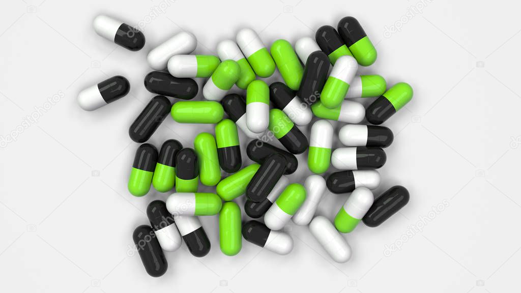 Pile of black, white and green medicine capsules on white background. Medical, healthcare or pharmacy concept. 3D rendering illustration