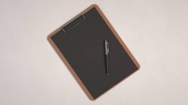 Ahşap pano siyah kağıt ve beyaz arka plan üzerinde izole otomatik tükenmez kalem ile. Boş kağıt mockup. 3D render illüstrasyon.