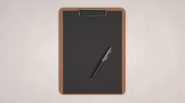 Clipboard Kayu Dengan Kertas Hitam Dan Pena Ballpoint Otomatis Diisolasi — Stok Foto