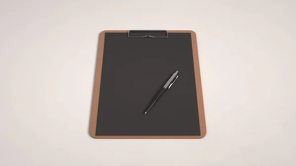 黒い紙と白い背景で隔離自動ボールペン木製クリップボード 白紙のモックアップ レンダリング図 — ストック写真
