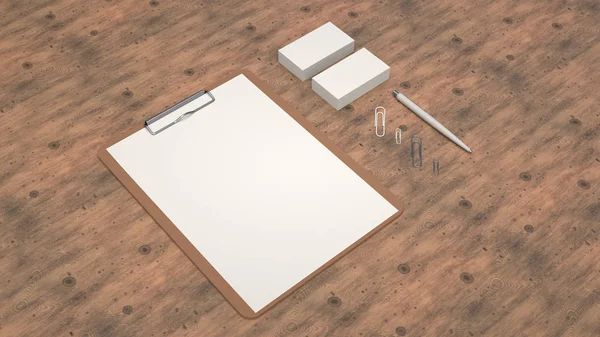 Klembord Met Wit Vel Papier Visitekaartjes Paperclips Automatische Balpen Houten — Stockfoto