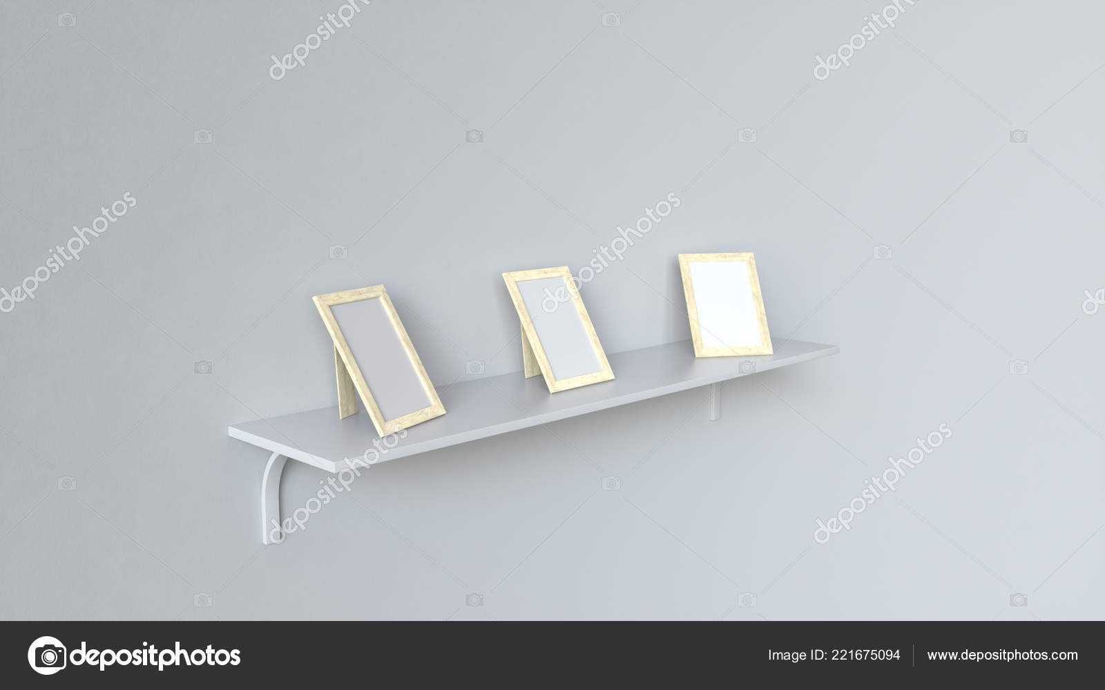 Three Blank Wooden Photo Frames Standing White Shelf Wall Three Blank Wooden Photo Frames Standing White Shelf Wall Stock