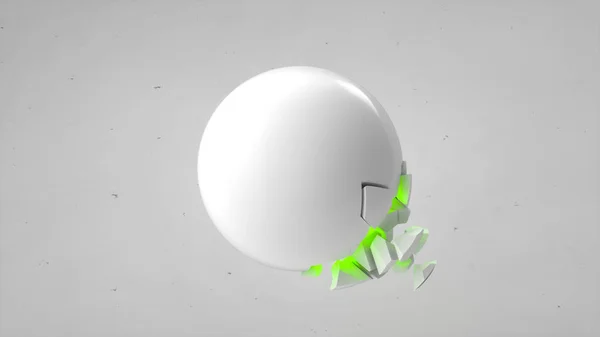 破碎的白色球体与绿色辉光内部和下落的碎片在白色背景 破坏的概念 抽象3D 渲染插图 — 图库照片