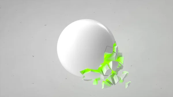 破碎的白色球体与绿色辉光内部和下落的碎片在白色背景 破坏的概念 抽象3D 渲染插图 — 图库照片