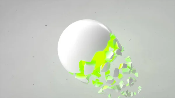 Fractured White Sphere Green Glow Falling Pieces White Background Concept — Stock Photo, Image