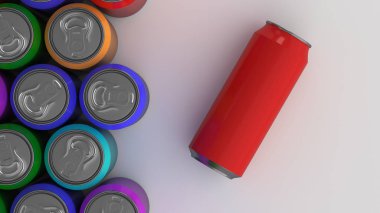 Beyaz arka plan üzerinde büyük renkli soda kutular. İçecek mockup. Bira veya içecek teneke paketi. 3D render illüstrasyon